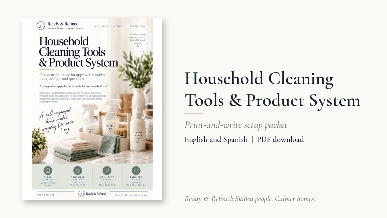 Household Cleaning Tools & Product System: bilingual English and Spanish PDF for household staff